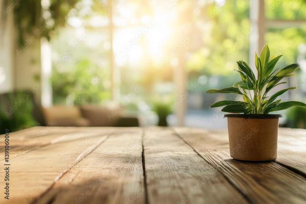 Rustic wooden table with a potted plant in a sunlit room Rustic wooden table with a potted plant in a sunlit room