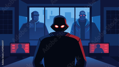 Nighttime Vigilance A scene depicting a guard watching CCTV monitors in a dimly lit room with a focus on the eerie glow of screens showing robbers attempting to break in at night.
