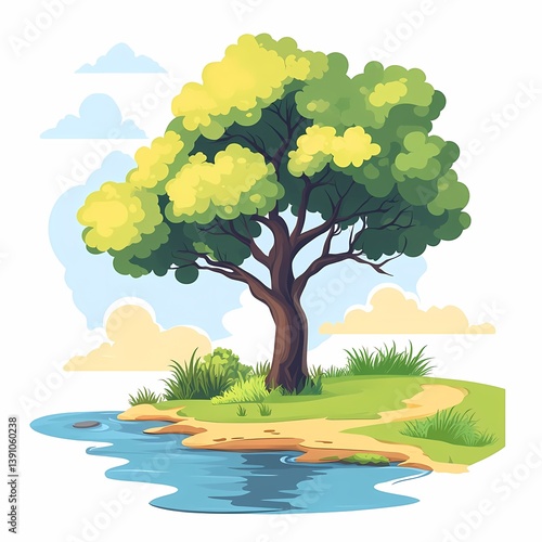 Idyllic Summer Landscape Illustration: Vibrant Nature with Trees, Water, and Lush Greenery