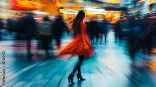 Woman in red dress spinning in city street at night motion blur fashion style and urban lifestyle concept
