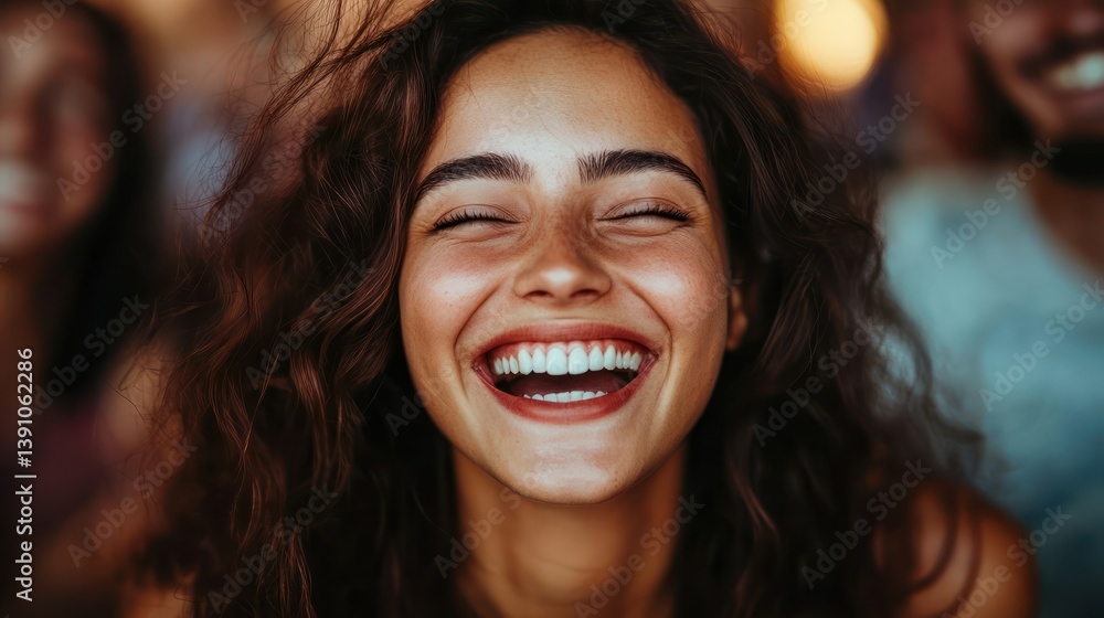 Happy woman laughs, close-up, crowd, event, joyful Happy woman laughs, close-up, crowd, event, joyful