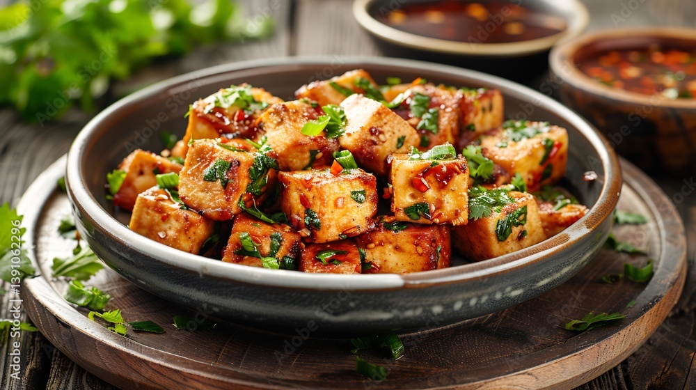 Plate of Thai crispy tofu with a rich dipping sauce from Thailand with bold flavors and artistic presentation styled in a refined high resolution traditional culinary photography scene Plate of Thai crispy tofu with a rich dipping sauce from Thailand with bold flavors and artistic presentation styled in a refined high resolution traditional culinary photography scene