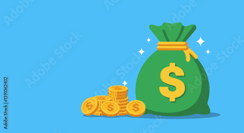 Money bag with coins representing wealth on a bright background  