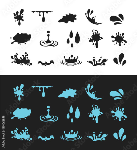 Water splashes with falling drops 2d vector illustration set. Splattering liquid with droplets 2d elements on white background.