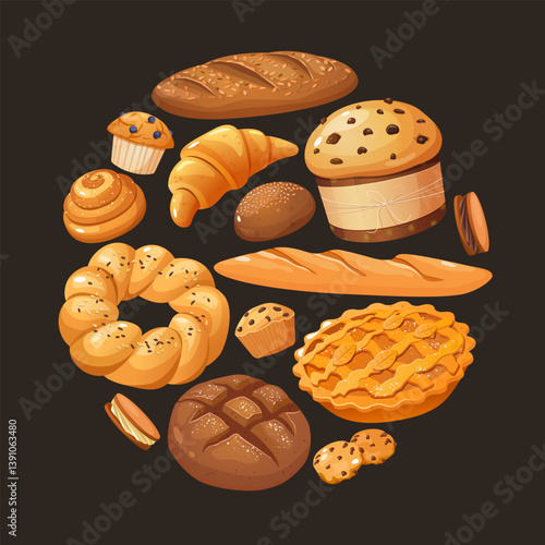 Bakery products vector cartoon collection in round shape with fresh bread, buns, french baguettes, croissant, muffin, pie, biscuits, panettone etc. isolated on white background.	
