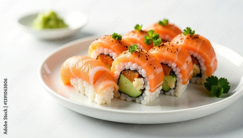 Elegant sushi arrangement on white background, seafood, food Elegant sushi arrangement on white background, seafood, food