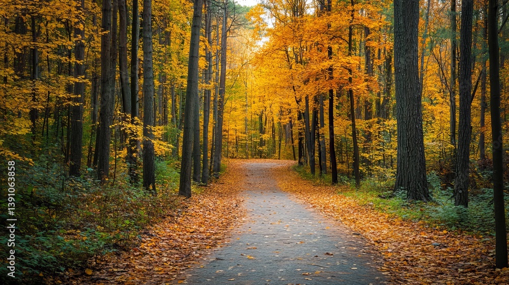 Obraz premium Autumn forest path scenic landscape fall foliage trees nature trail outdoor woods yellow leaves background 100