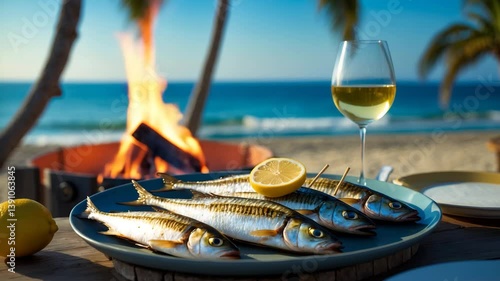 Skewered sardines espeto grilled over an open flame with olive wood, savored outdoors with lemon and fino sherry while gazing at the blue sea.