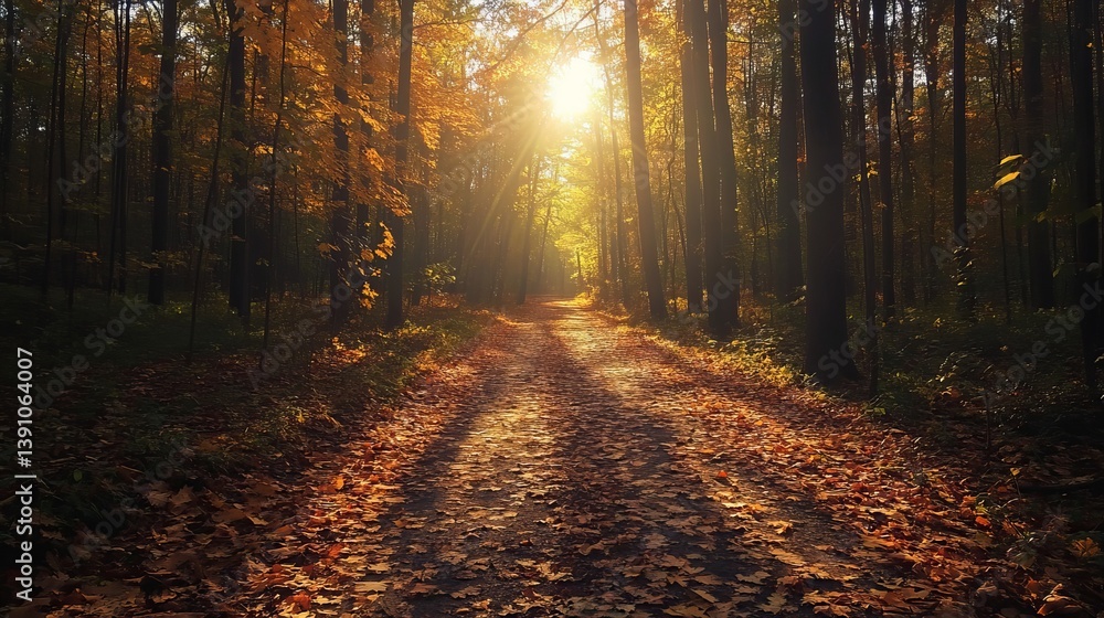 Fototapeta premium Autumn forest path with sun rays and falling leaves nature walk scenic landscape foliage trail trees