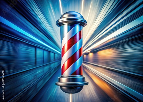 Rotating barber pole, long exposure reveals swirling red, white, and blue stripes, isolated.