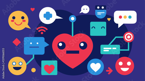 Emoji Confusion An array of popular social media emojis like hearts and likes mixed with confusedlooking robots representing the chaotic mix of real and fake interactions.