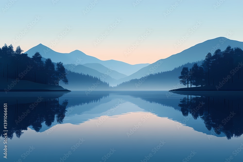 Naklejka premium Breathtaking Landscape Photography: Serene Lakeview with Nature Reflections Amidst Misty Mountain Range at Dawn