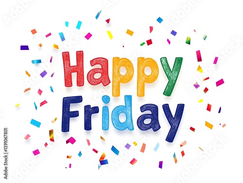 Celebrating Happy Friday with Colorful Confetti on a White Background
