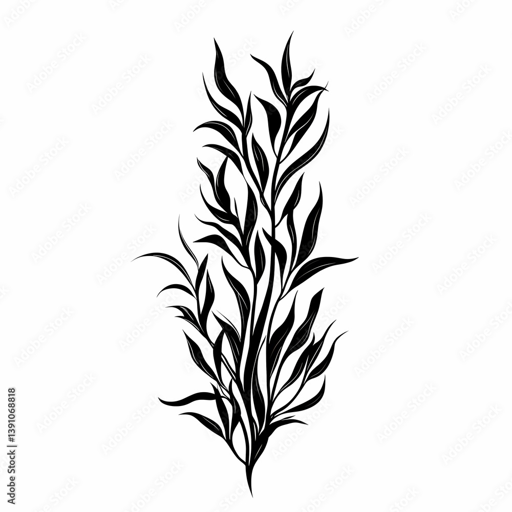 Fototapeta premium Botanical Black and White Foliage Background: Vintage Nature Illustration with Elegant Plant Silhouettes