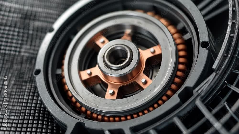 Close-up of electric motor rotor and stator details on a black mesh background, featuring steel ball bearing, copper commutator, and coil wires within drill machine engine's metal laminations on dark Close-up of electric motor rotor and stator details on a black mesh background, featuring steel ball bearing, copper commutator, and coil wires within drill machine engine's metal laminations on dark