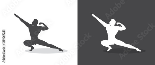Vector bodybuilding silhouettes. Bodybuilder muscular guy silhouettes.