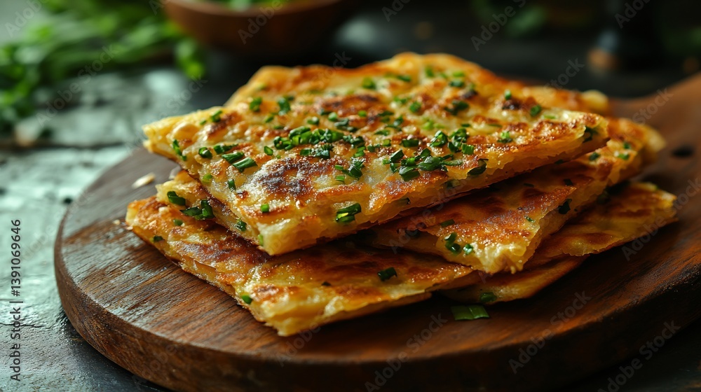 Serving of aromatic scallion pancakes from China with a crispy layered texture captured in a refined high resolution traditional culinary photography style Serving of aromatic scallion pancakes from China with a crispy layered texture captured in a refined high resolution traditional culinary photography style