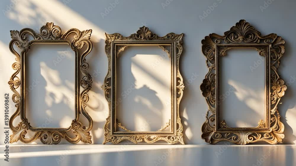 Collection of three vintage ornamental painting frames, artfully shaped for vertical images, isolated on a white background, seen from a top front perspective.