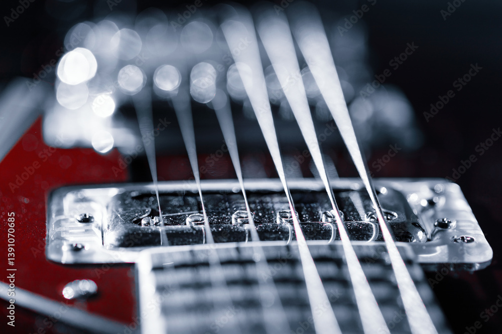 Guitar bridge reveals shiny metal and taut strings against a sleek red body, capturing intricate details. Blurred background with bokeh lights adds dreamy vibe, perfect for music and instrument theme