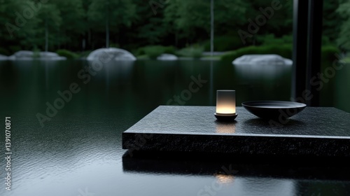 Tranquil zen garden scene with illuminated candle