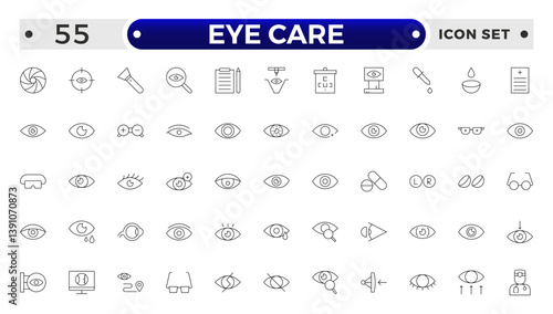 Essential Eye Care and Vision Health outline Icon Set. Optometry, Surgery, and Optical Tools.