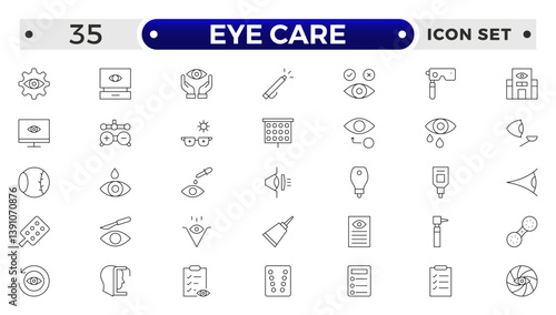 Essential Eye Care and Vision Health outline Icon Set. Optometry, Surgery, and Optical Tools.