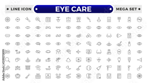 Essential Eye Care and Vision Health outline Icon Set. Optometry, Surgery, and Optical Tools.