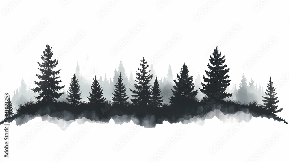 Obraz premium Tranquil Forest Silhouette: Watercolor Pine Trees Landscape Illustration