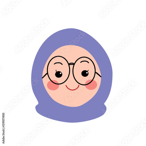 Smiling Woman in Hijab with Round Glasses, Cute Cartoon Illustration