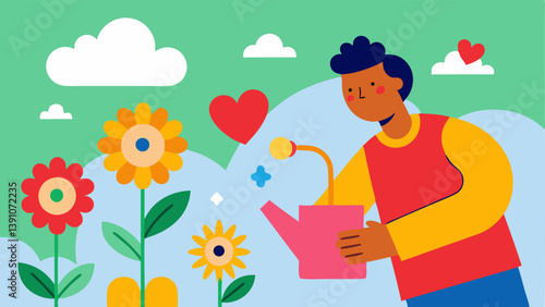 Garden of Positivity A vibrant garden where each flower represents a different affirmation such as I am worthy and I attract positivity. A person waters the flowers with a watering