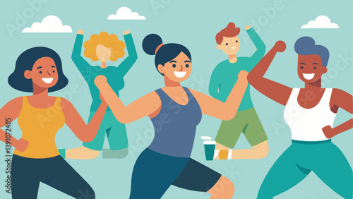Fitness Class with Diverse Participants A group fitness class with diverse individuals laughing and engaging in exercises together showcasing the community aspect of exercise and