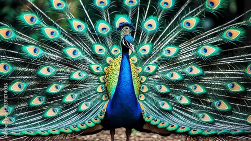Peacock exhibiting a fully spread wingspan revealing a colorful feather design.
