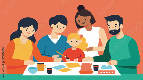 Family Art Day A warm homey scene of a family gathered around a table working on various art projects together showing the bond that creative activities can build a loved ones.