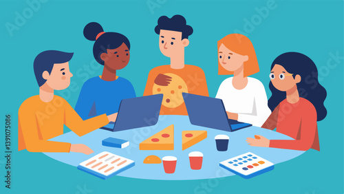 Budgeting Together A group of millennials sitting around a table with spreadsheets and calculators collaboratively working on their monthly budget while enjoying pizza.
