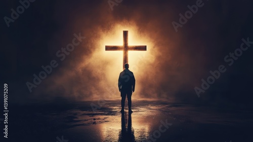 Man silhouette, facing glowing cross, dark night, smoky background, faith concept