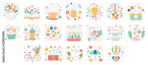 Charming collection of pastel-colored spring and garden-themed icons and illustrations. Perfect for adding a light and cheerful touch to your designs.