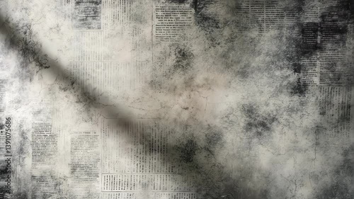 Antique newspaper backdrop, black-and-white gritty paper texture, patterned newsprint design, black and white grunge wallpaper motif with distressed textured areas.
