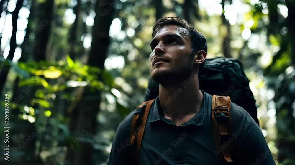 Man walking through a dark and mysterious forest with dim light filtering through trees
