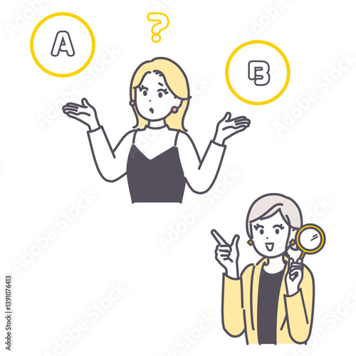 2つを比べる女性と、虫眼鏡を持った女性のイラストセット素材