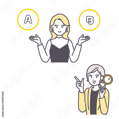 2つを比べる女性と、虫眼鏡を持った女性のイラストセット素材