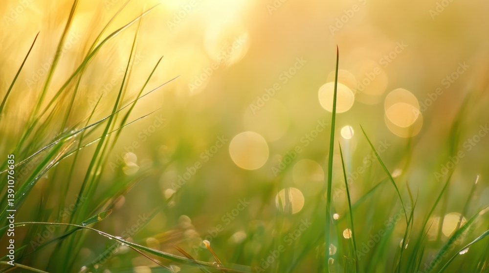 Fototapeta premium Dewy grass sunrise meadow bokeh background nature