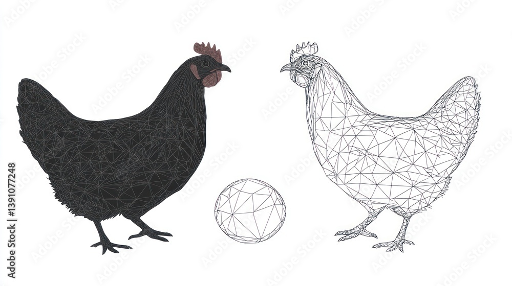 Fototapeta premium Wireframe chickens, egg, studio, polygonal, illustration, design