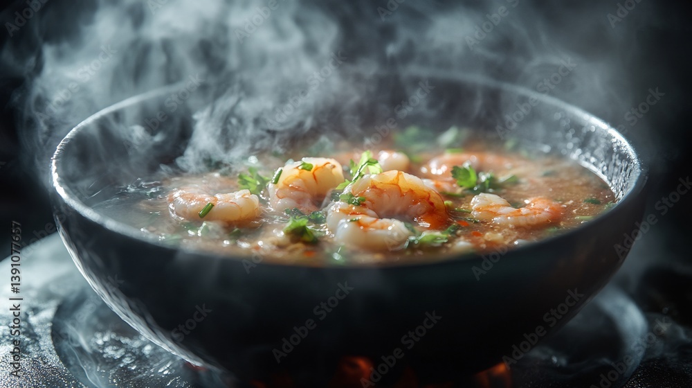 Steaming bowl of Tom Yum Goong from Thailand with a spicy and sour broth tender shrimp and fresh herbs styled in a dynamic high resolution culinary art scene Steaming bowl of Tom Yum Goong from Thailand with a spicy and sour broth tender shrimp and fresh herbs styled in a dynamic high resolution culinary art scene