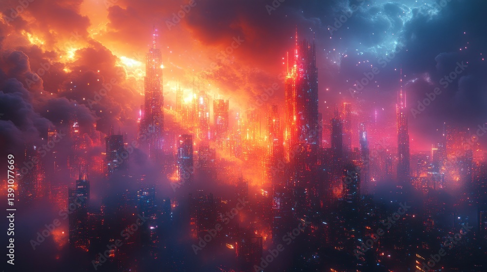 Obraz premium Fiery futuristic metropolis engulfed in dramatic, stormy clouds