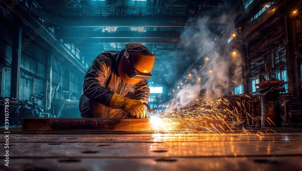 Welder in action, sparks flying in a dimly lit workshop. Welder in action, sparks flying in a dimly lit workshop.