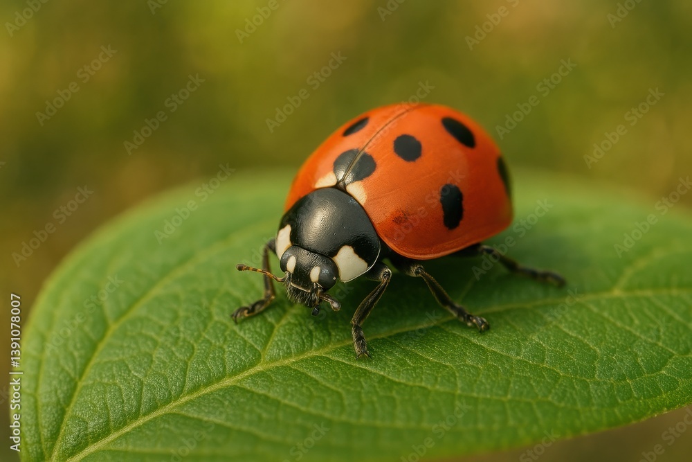Fototapeta premium a seven-spotted ladybug (Coccinella septempunctata) crawling across a green leaf. Its bright red elytra (wing covers) display seven distinctive black spots, contrasting sharply against the vivid green