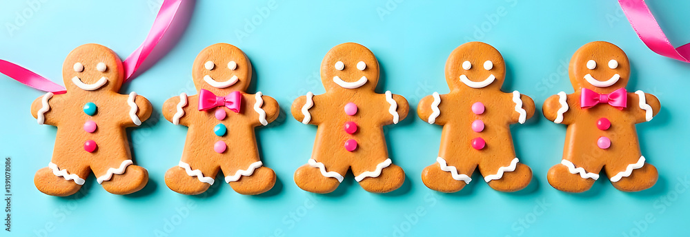 Obraz premium Gingerbread men cookies decorated with icing and candies on a vibrant turquoise background, tied with pink ribbons, creating a festive atmosphere