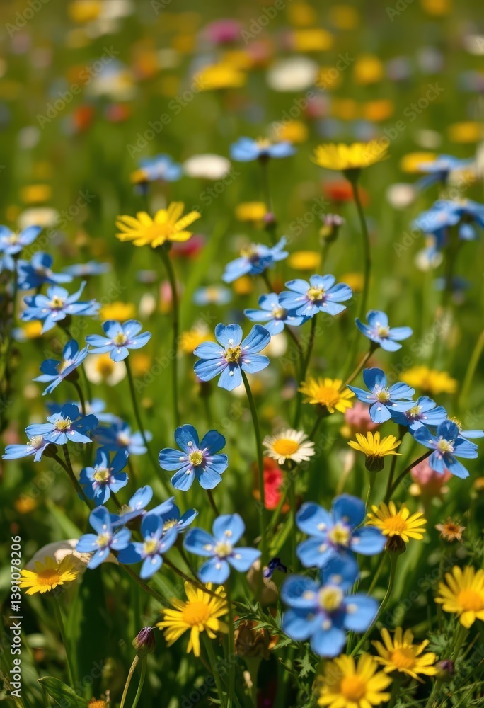 Obraz premium Vibrant blue forget-me-nots bloom amidst a sunny meadow of wildflowers, nature, wild, meadow