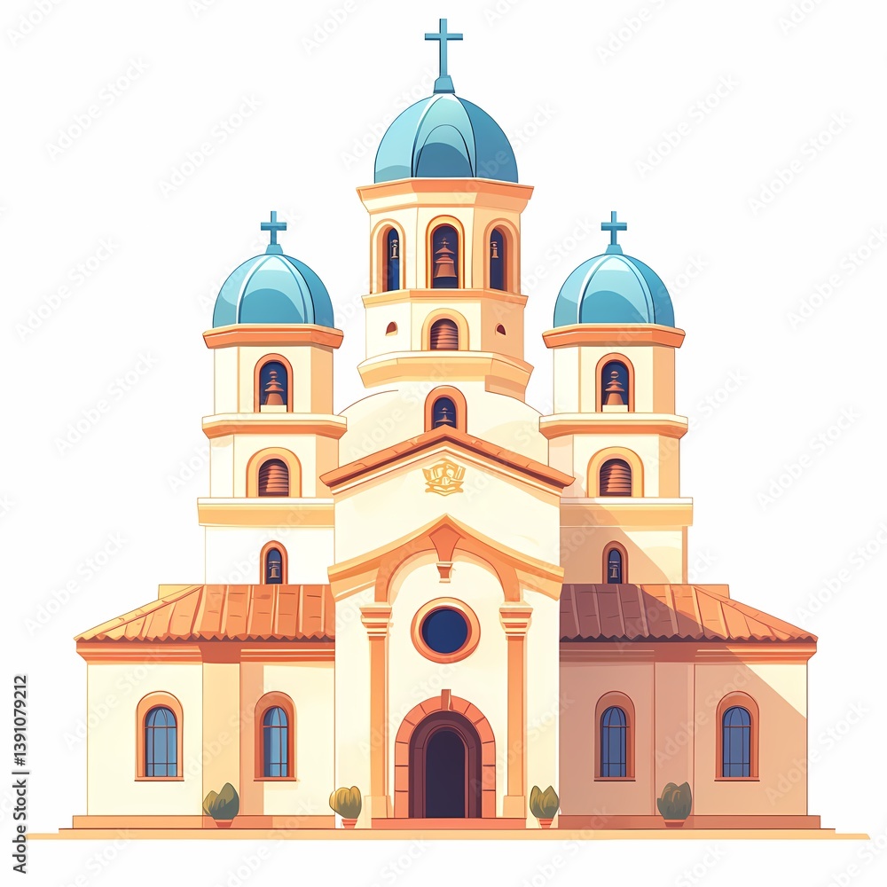 Fototapeta premium Colorful European Church Architecture: Stunning Dome and Ornate Design Illustration with Hellenistic Influence - A Must-See Religious and Cultural Landmark for Tourists