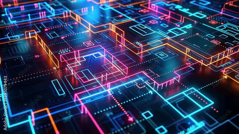 Vibrant Digital Circuit Board with Neon Lines in Blue, Pink, and Orange Futuristic Landscape of Technology and Innovation Vibrant Digital Circuit Board with Neon Lines in Blue, Pink, and Orange Futuristic Landscape of Technology and Innovation